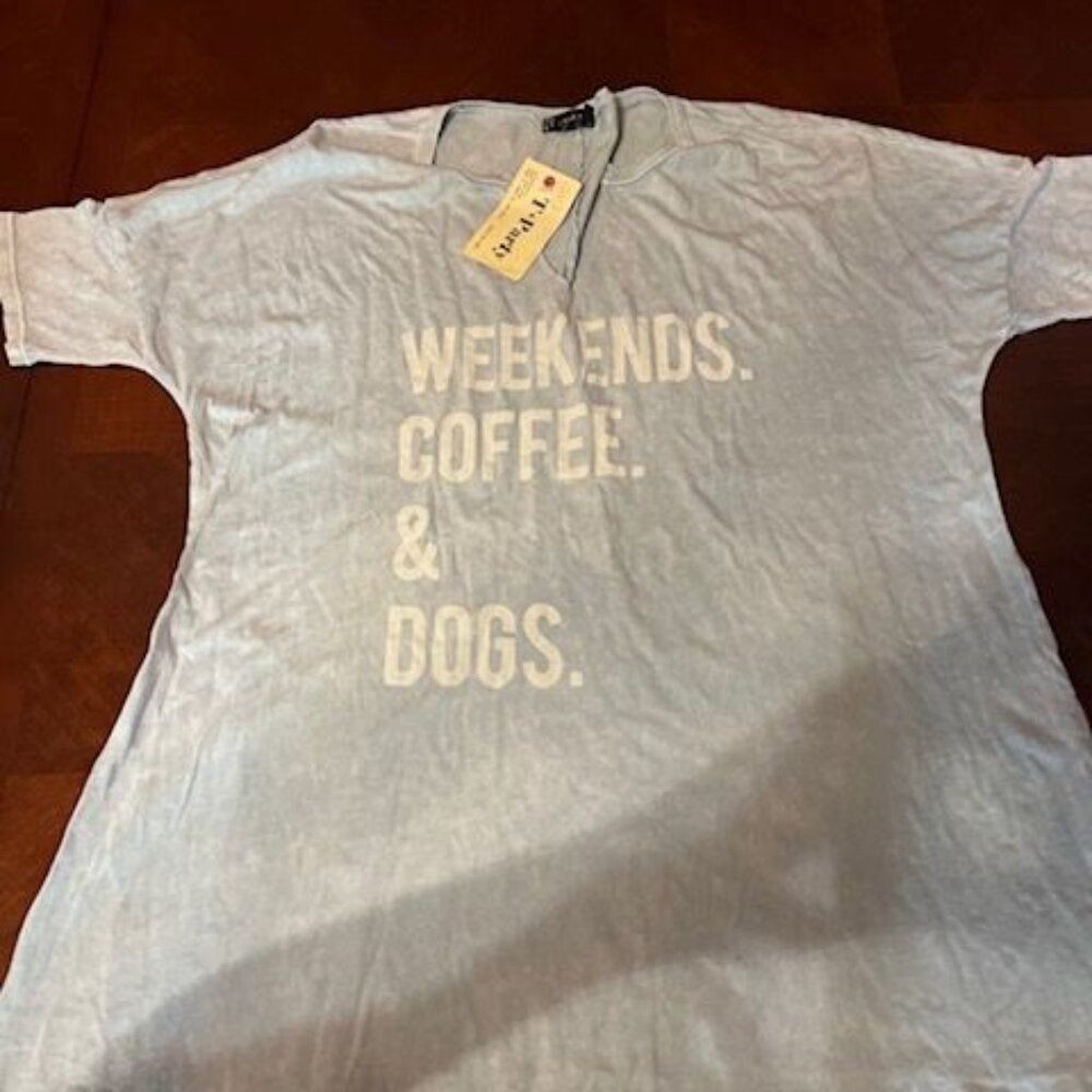 T-Party‎ Womens Light Blue Graphic Tee dyed Weekends Coffee & Dogs Relaxed Fit